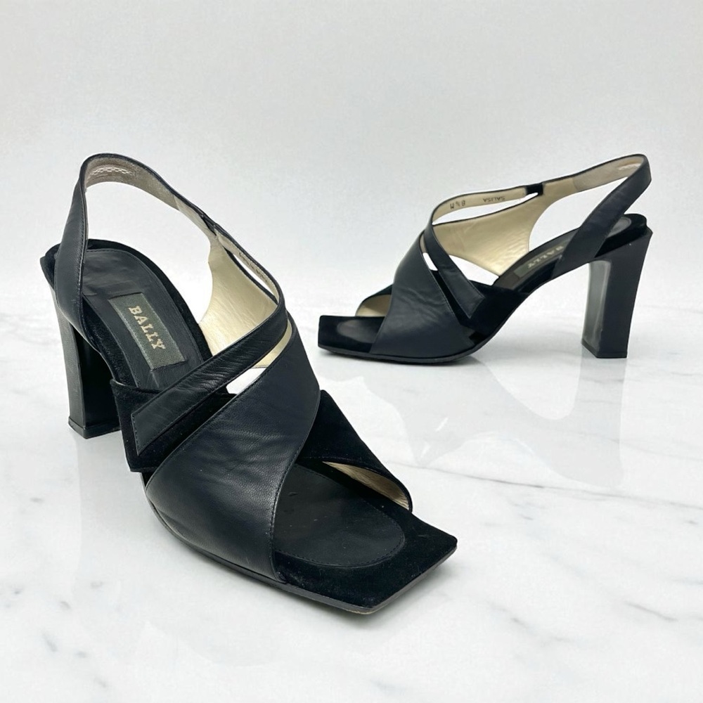 Bally Salisa Black Leather and Suede Square Toe Heeled Sandals Size 8.5